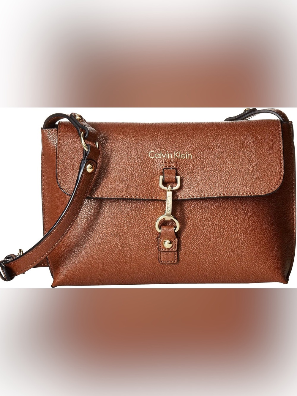 Calvin Klein Chestnut Brown Leather Crossbody with Gold Hardware